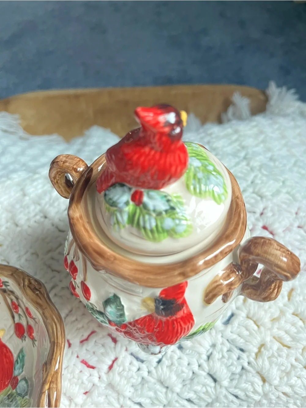 Christmas Traditions Red Cardinal Bird Sugar Bowl, Creamer Set and Spoon Rest